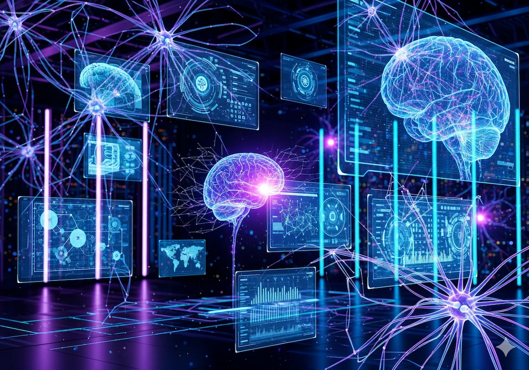 Top 10 Upcoming Technologies That Will Change the World in 2025 2 Top 10 Upcoming Technologies in 2025, Futuristic AI and machine learning concept with neural networks, digital brain hologram, and data streams in a high-tech environment.
