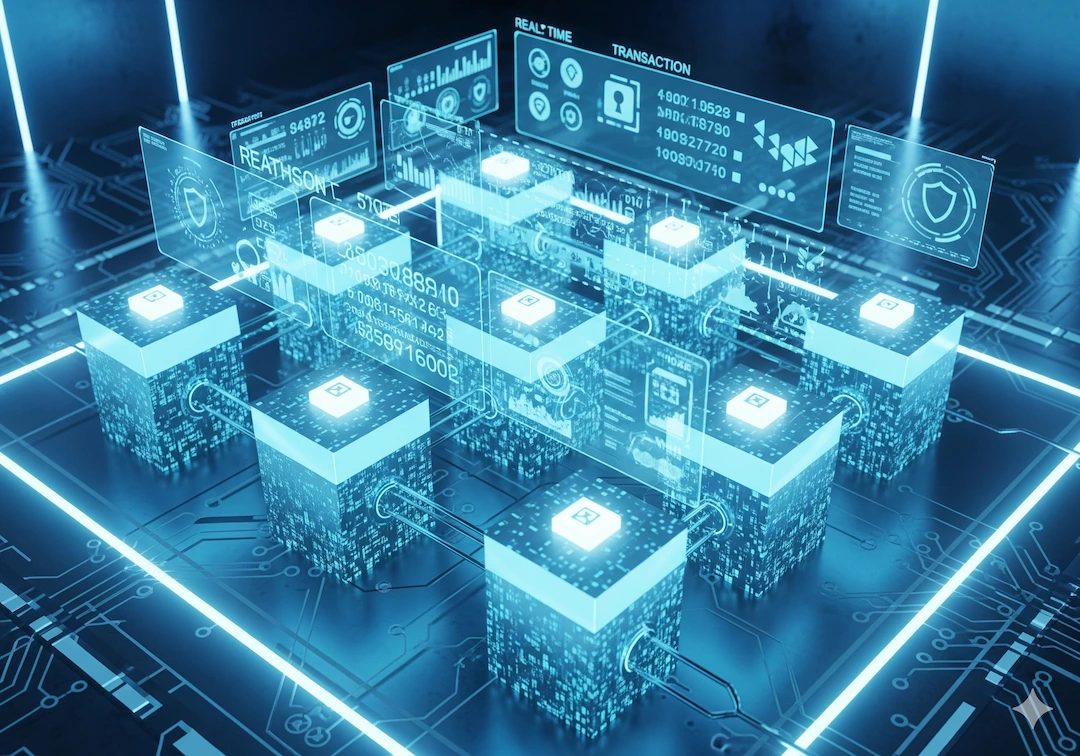 Top 10 Upcoming Technologies That Will Change the World in 2025 4 Digital blockchain ledger concept with interconnected glowing blocks and futuristic holographic interface.