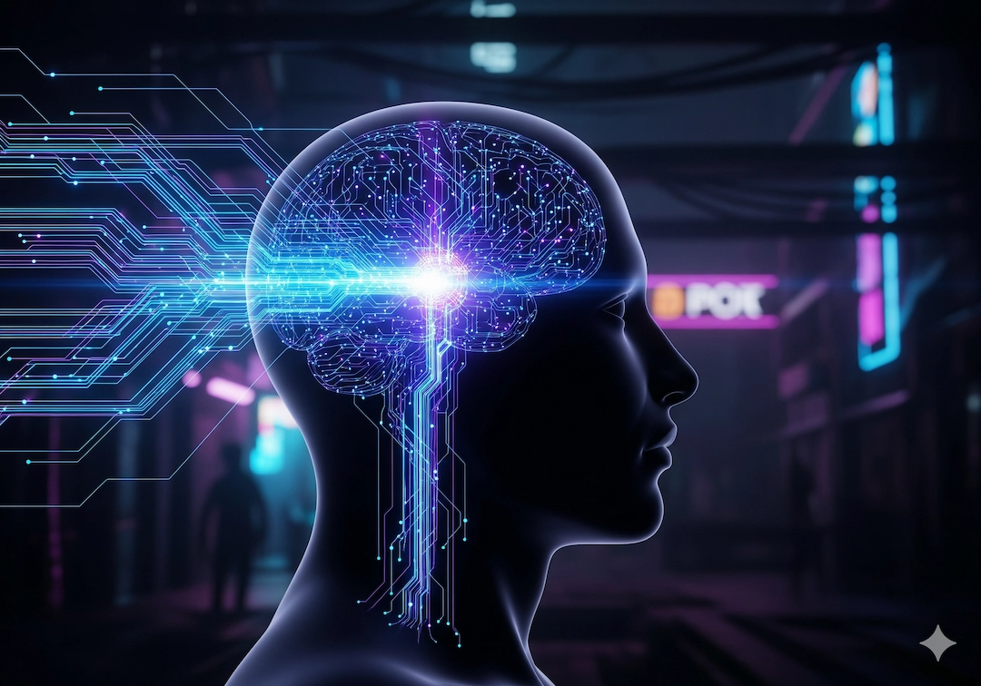 Top 10 Upcoming Technologies That Will Change the World in 2025 3 Human silhouette connected to a holographic brain interface with neural circuits in a cyberpunk style.