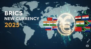 BRICS new currency 2025 concept with digital coins, BRICS flags, and global financial background.