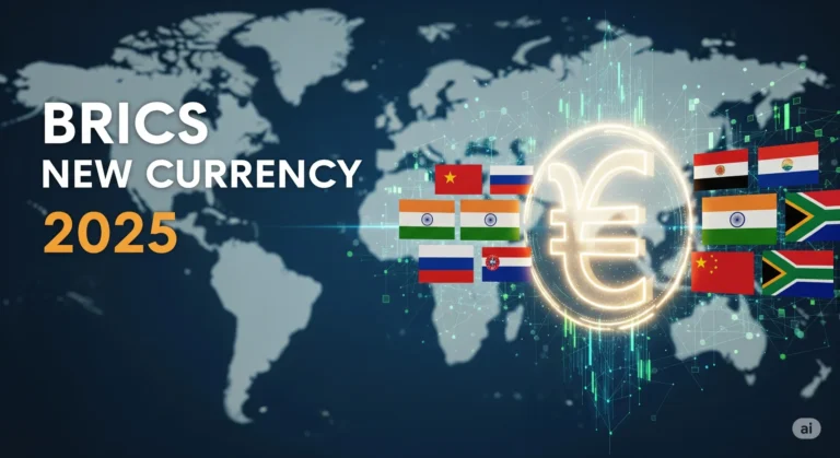 BRICS Reveals 2025 Currency Plan, Global Markets React 4 BRICS new currency 2025 concept with digital coins, BRICS flags, and global financial background.