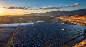Abandoned coal mine converted into a solar energy farm with blue solar panels and mountains in background