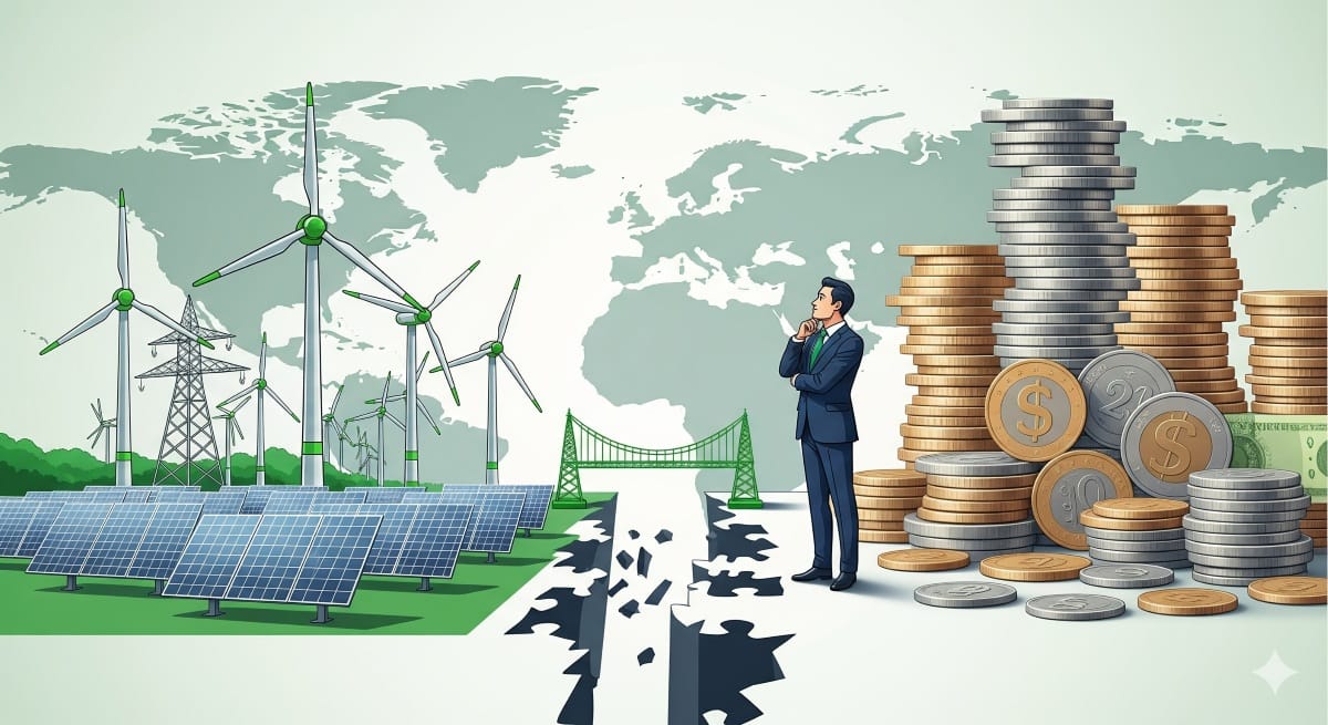 Concept illustration showing renewable energy financing challenges in developing countries with solar panels, wind turbines, and a funding gap.