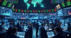 Global markets reacting to Federal Reserve decisions with traders analyzing stock and currency charts on a digital trading floor in 2025.