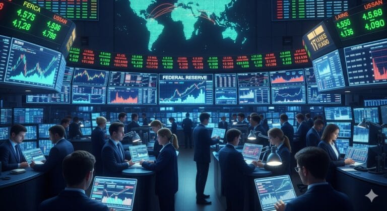 Global Markets React to Federal Reserve Decisions: What Investors Need to Know in 2025 7 Global markets reacting to Federal Reserve decisions with traders analyzing stock and currency charts on a digital trading floor in 2025.