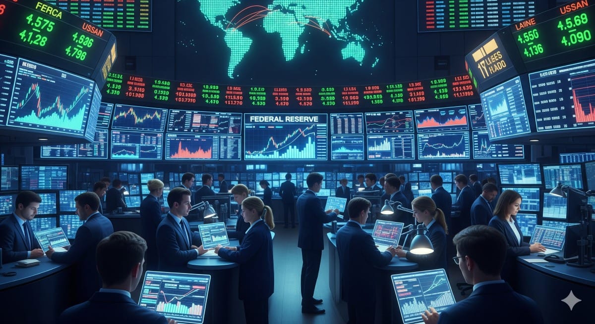 Global Markets React to Federal Reserve Decisions: What Investors Need to Know in 2025 1 Global markets reacting to Federal Reserve decisions with traders analyzing stock and currency charts on a digital trading floor in 2025.