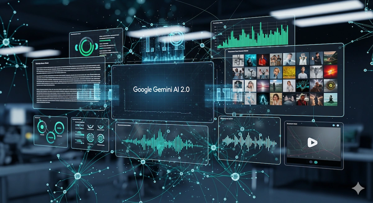 Unveils Google Gemini AI 2.0: The Next Leap in Artificial Intelligence 2 Google Gemini AI 2.0 processing text, images, audio, and video with advanced reasoning and multimodal integration in a futuristic interface