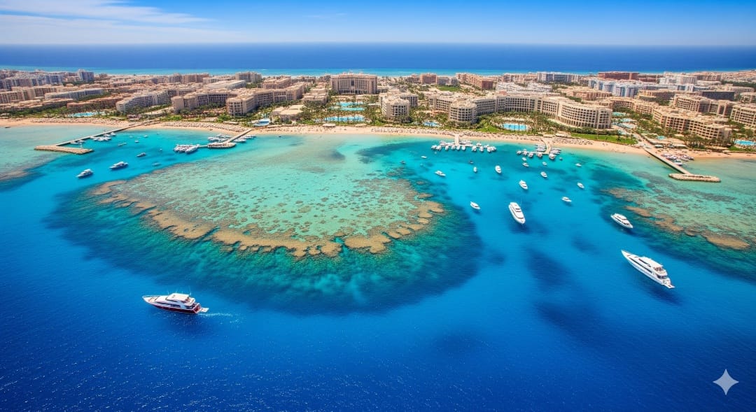 Top 10 Travel Destinations to Visit in 2025 – Trending Global Picks 2 Aerial view of Hurghada beach resorts and Red Sea in Egypt.