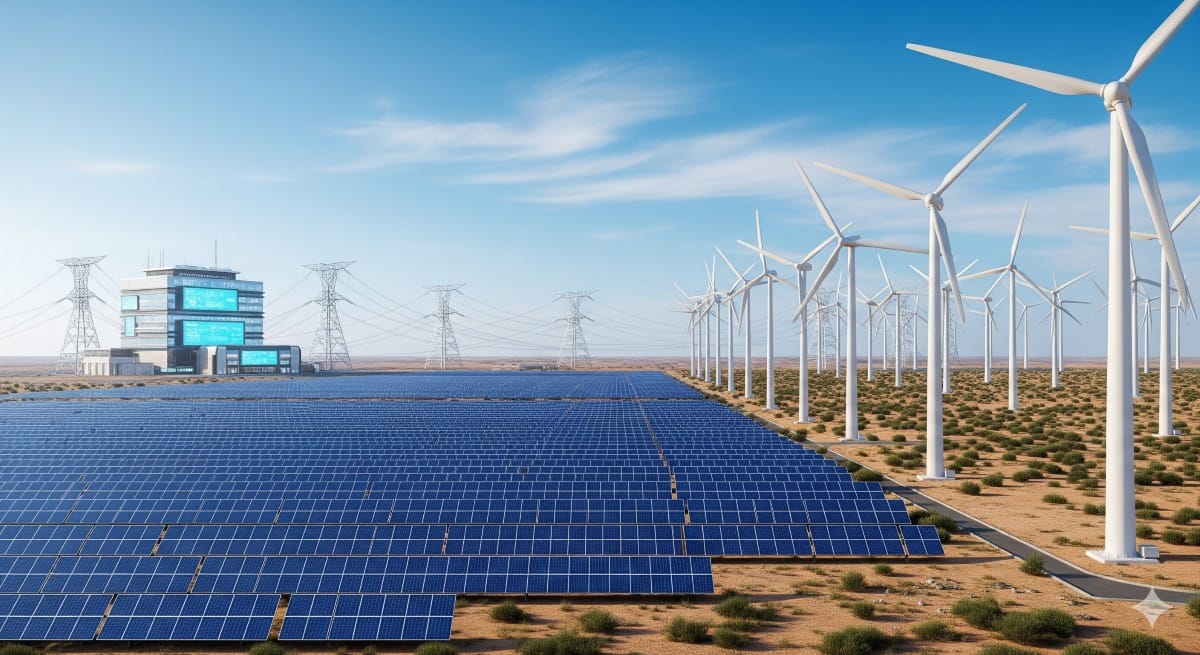 India Set to Lead Global Wind Energy by 2030 2 Hybrid renewable energy park with solar panels and wind turbines under a clear blue sky, representing the future of clean power.