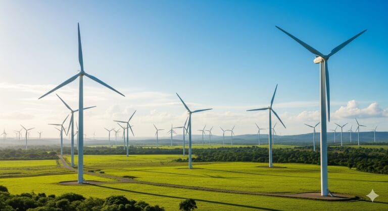 India Set to Lead Global Wind Energy by 2030 3 Indian wind turbines spinning under blue sky in green fields representing renewable future