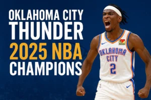 Oklahoma City Thunder players celebrate after winning the 2025 NBA Finals championship