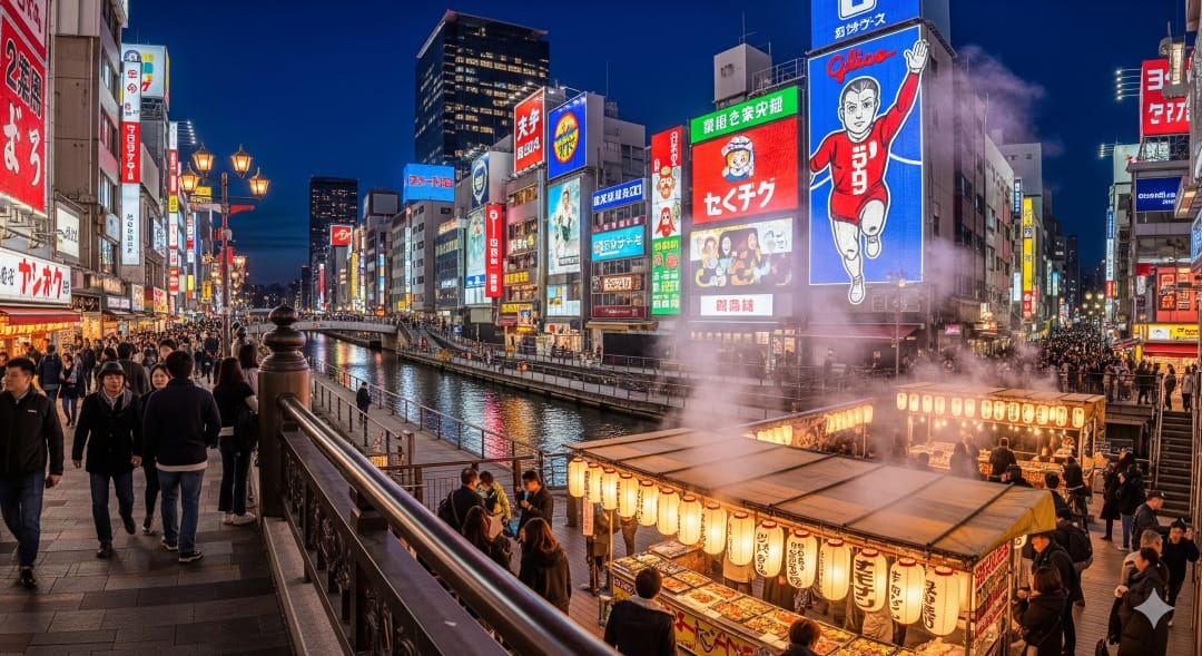 Top 10 Travel Destinations to Visit in 2025 – Trending Global Picks 3 Osaka city at night with neon lights and street food stalls.