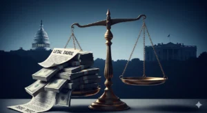 Illustration showing scales of justice with US Capitol and White House silhouettes, symbolizing the legal ruling against tariffs.