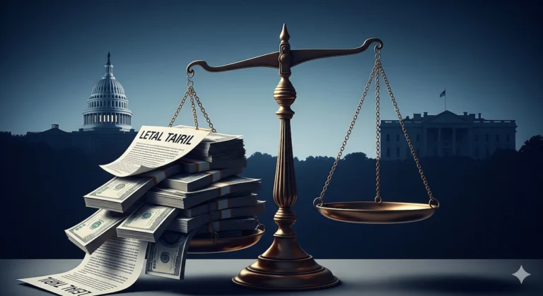 US Court Rules Trump Tariffs Illegal: A Global Shockwave 11 Illustration showing scales of justice with US Capitol and White House silhouettes, symbolizing the legal ruling against tariffs.