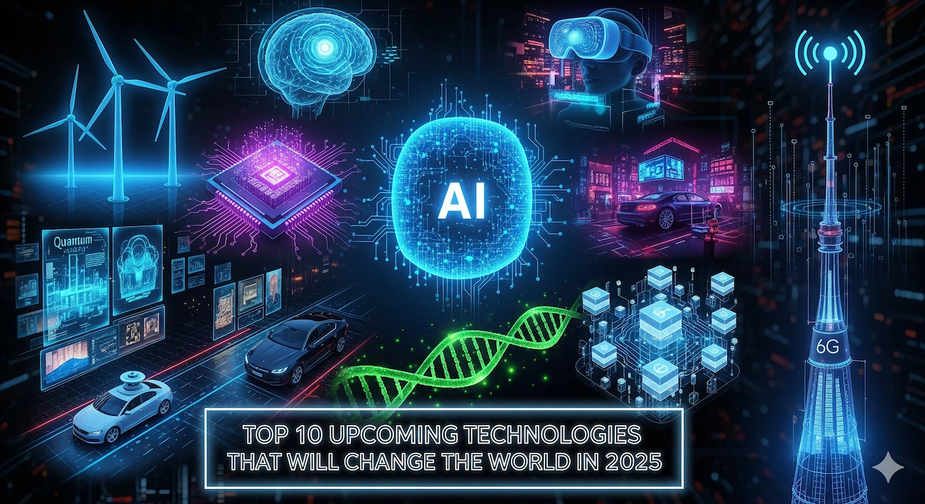 Top 10 Upcoming Technologies That Will Change the World in 2025 1 Futuristic collage of top 10 upcoming technologies in 2025 including AI, Quantum Computing, 6G connectivity, gene editing, brain-computer interface, AR/VR, autonomous vehicles, smart cities, green energy, and blockchain.