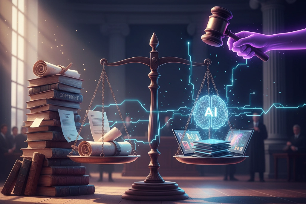AI's New Battleground - Copyright, Chips, & Future of Tech 2 A symbolic image depicting a legal scale balancing stacks of copyrighted books and documents against digital representations of AI and technology, with a judge's gavel in the background. It represents the AI copyright legal battle.