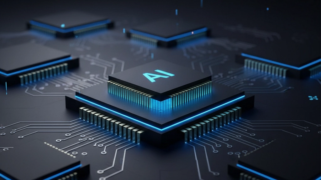 AI's New Battleground - Copyright, Chips, & Future of Tech 3 An illustration of a futuristic microchip with complex glowing circuits, representing the intense hardware race in the AI industry. The image shows a sleek, advanced chip with light trails and abstract data flows, symbolizing rapid technological progress.