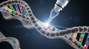 A conceptual illustration of Prime Editing, showing a glowing microscopic tool precisely replacing a single DNA base (A, T, C, or G) on a DNA helix without cutting it. The scene represents surgical accuracy in gene editing.