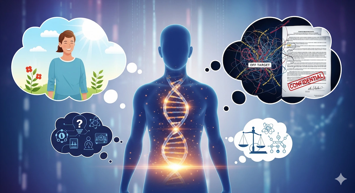 CRISPR: Gene Editing's Latest Breakthroughs 2 The CRISPR Revolution, A conceptual illustration of a human silhouette with a glowing DNA strand inside, surrounded by thought bubbles. One bubble shows positive outcomes like a cured person, while others show ethical concerns like off-target effects and a complex legal document, representing the ethical debate in genetic engineering.