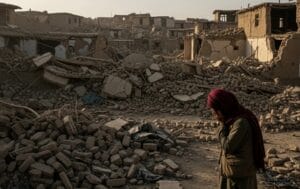 A lone figure stands amidst the rubble of homes destroyed by the Afghanistan earthquake.