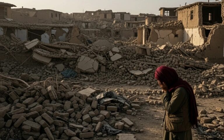 Afghanistan Earthquake: A Humanitarian Crisis Unfolds 2 A lone figure stands amidst the rubble of homes destroyed by the Afghanistan earthquake.