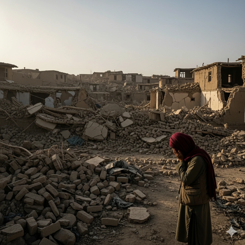 Afghanistan Earthquake: A Humanitarian Crisis Unfolds 1 A person stands in sorrow among the collapsed mud-brick houses after the devastating earthquake in Afghanistan.