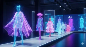 Futuristic runway showcasing AI-driven fashion trends in 2025