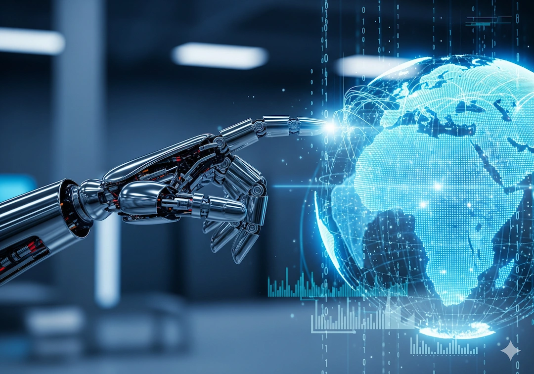 Global AI Regulations Proposed to Curb Artificial Intelligence Risks 2 Robotic hand interacting with holographic global map representing AI risks
