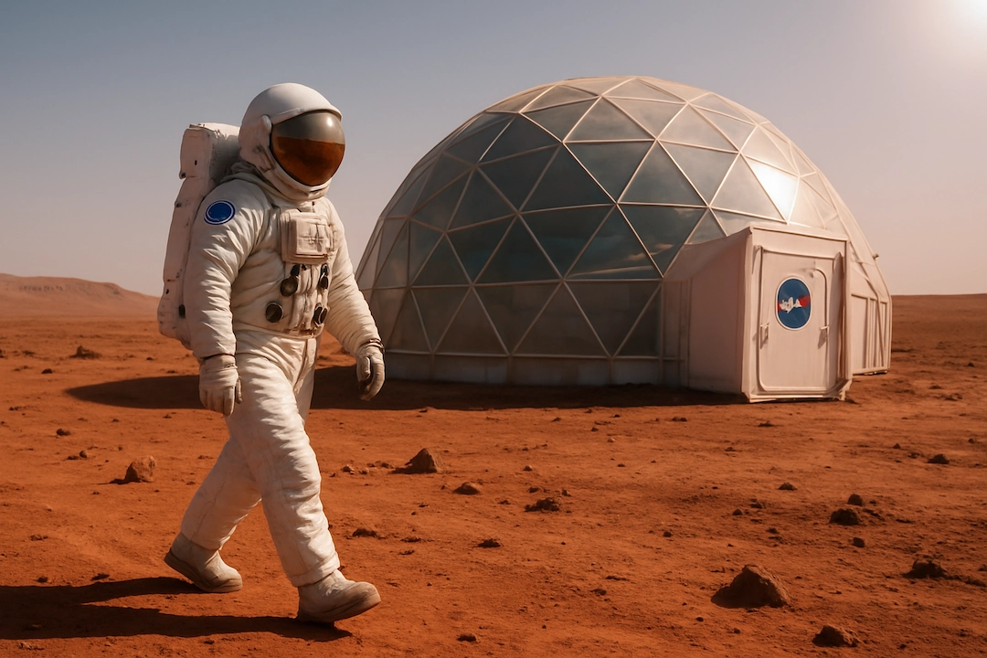 NASA Mars Habitat Prototype Unveiled for Future Missions 2 Astronaut walking outside NASA Mars habitat prototype on Mars surface