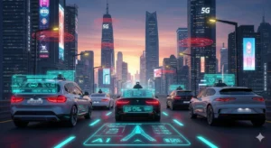 Futuristic self-driving cars in a smart city for autonomous driving 2026, featuring BMW, Tesla, and Waymo vehicles.