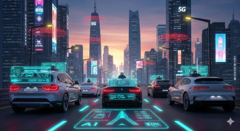 Autonomous Driving 2026: The Next Frontier in Self-Driving Cars 12 Futuristic self-driving cars in a smart city for autonomous driving 2026, featuring BMW, Tesla, and Waymo vehicles.