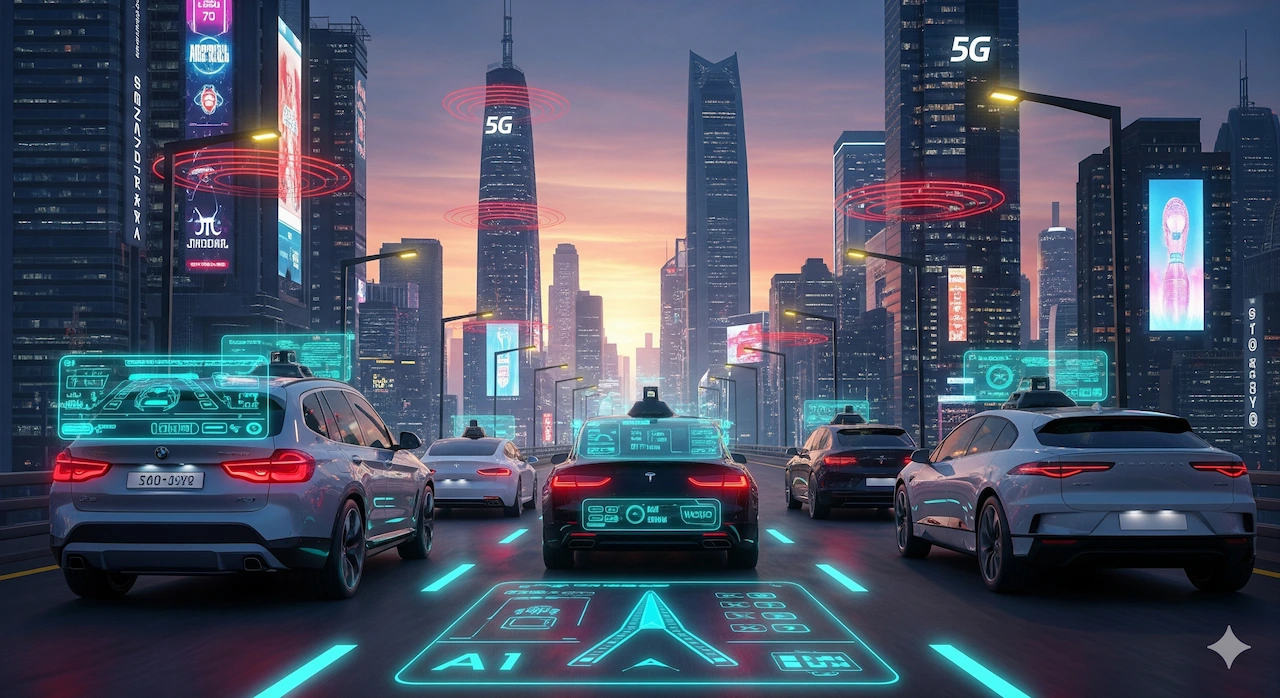 Autonomous Driving 2026: The Next Frontier in Self-Driving Cars 1 Futuristic self-driving cars in a smart city for autonomous driving 2026, featuring BMW, Tesla, and Waymo vehicles.