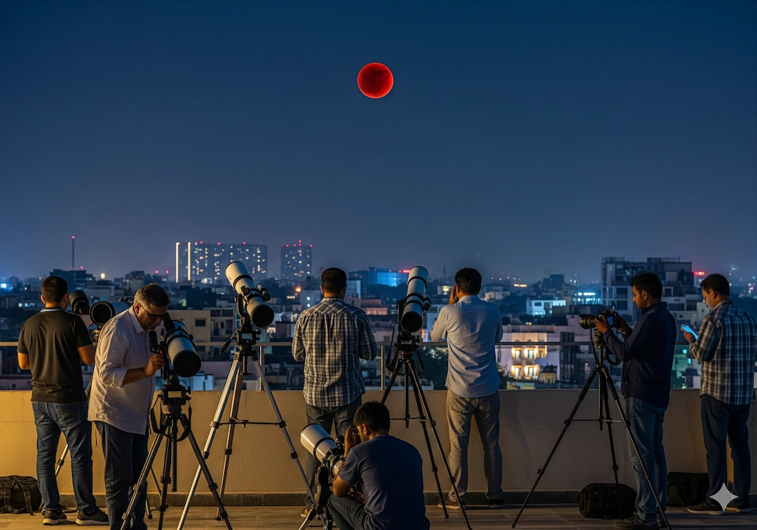 Stargazers in India watching the Blood Moon eclipse 2025