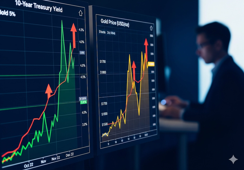 Global Markets Poised for Turbulence Amid Inflation Data 2 Bond yields and gold price charts rising together during global market volatility