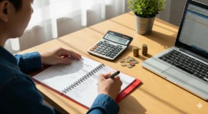 Beginners creating a simple monthly budget plan with calculator and notebook