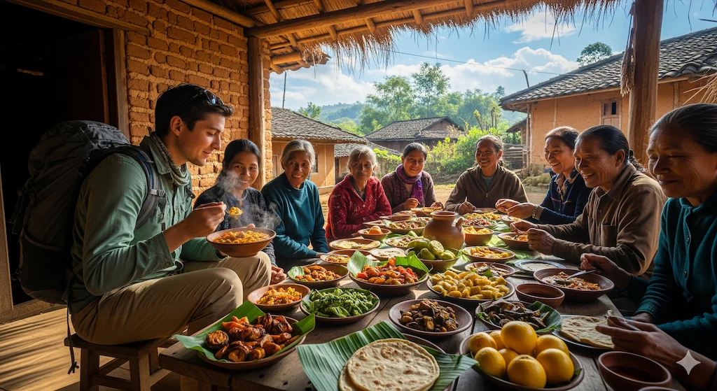 Sustainable and Regenerative Tourism 2025: Ultimate Guide 4 Sustainable and Regenerative Tourism 2025: A traveler with a backpack smiles while sharing a traditional meal with a group of smiling local villagers, illustrating the positive social impact of supporting local communities.