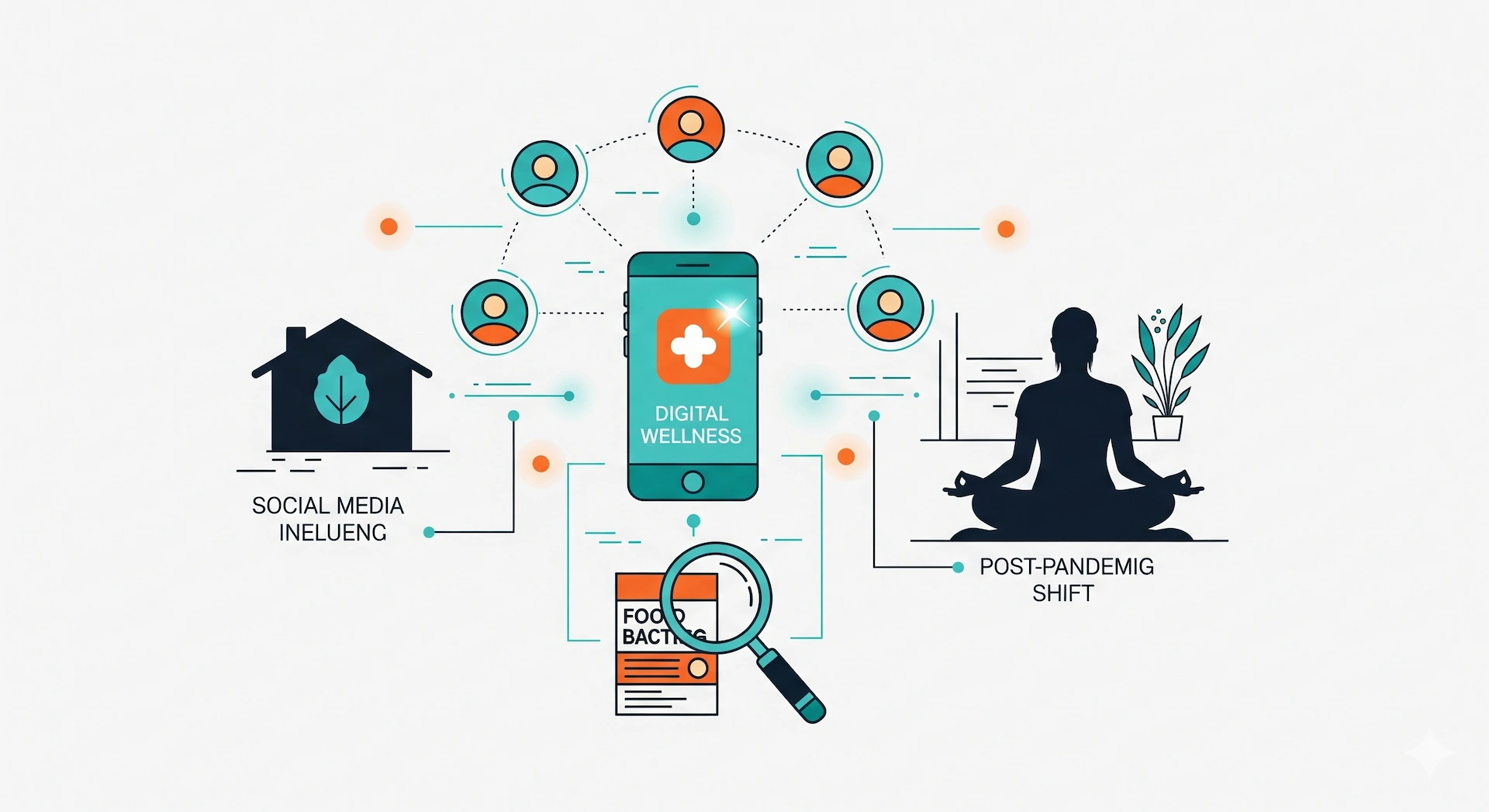 The Holistic Wellness Revolution: A New Era of Self-Care 2 Illustration showing fitness, nutrition, mindfulness, and technology as driving forces behind the wellness revolution.