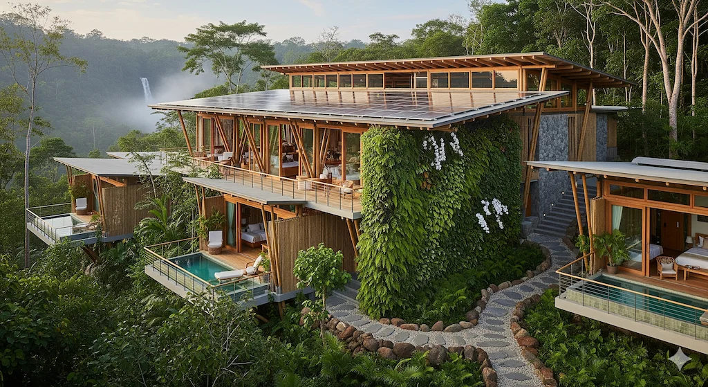 Sustainable and Regenerative Tourism 2025: Ultimate Guide 3 An aerial view of a luxurious eco-lodge nestled in a lush, green rainforest, featuring solar panels on the roof, vertical gardens, and natural building materials, symbolizing green accommodations.