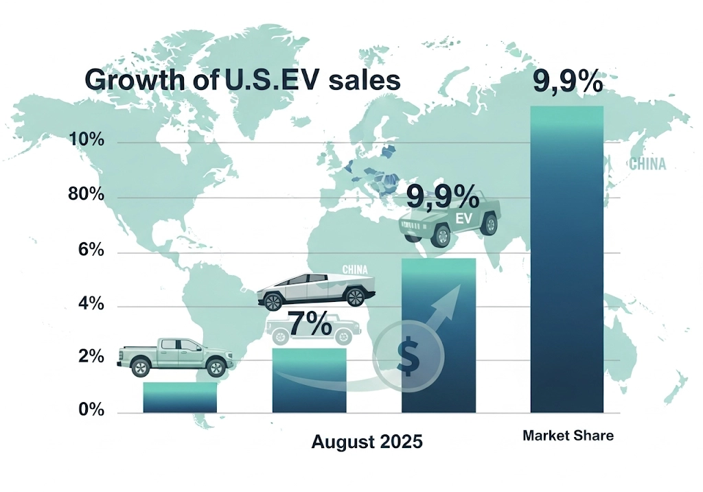 Infographic of US EV sales 2025 August record: 9.9% market share surge amid federal EV tax credit expiration.