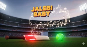 Asia Cup 2025: A symbolic image of the rivalry between the India and Pakistan cricket teams, with a blurred background of a cricket stadium and a whimsical touch of "Jalebi Baby" text superimposed, representing the viral incident.