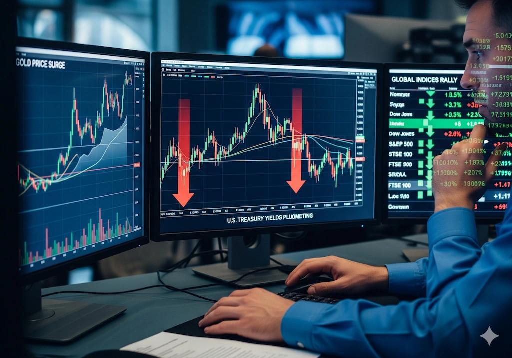 Markets React as Fed Signals Possible Rate Cuts 2 Financial trader tracking market reaction to possible Fed rate cuts