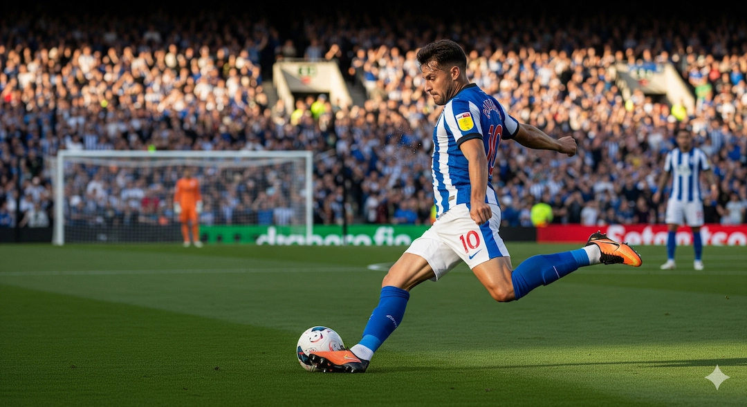A football player in a blue and white jersey kicks a ball in a packed stadium.