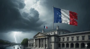 French National Assembly under stormy skies symbolizing government collapse in 2025