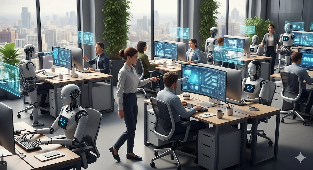 AI and Jobs Concern: Automation Impact and Future of Work 2 Future of work with AI automation and human collaboration in offices