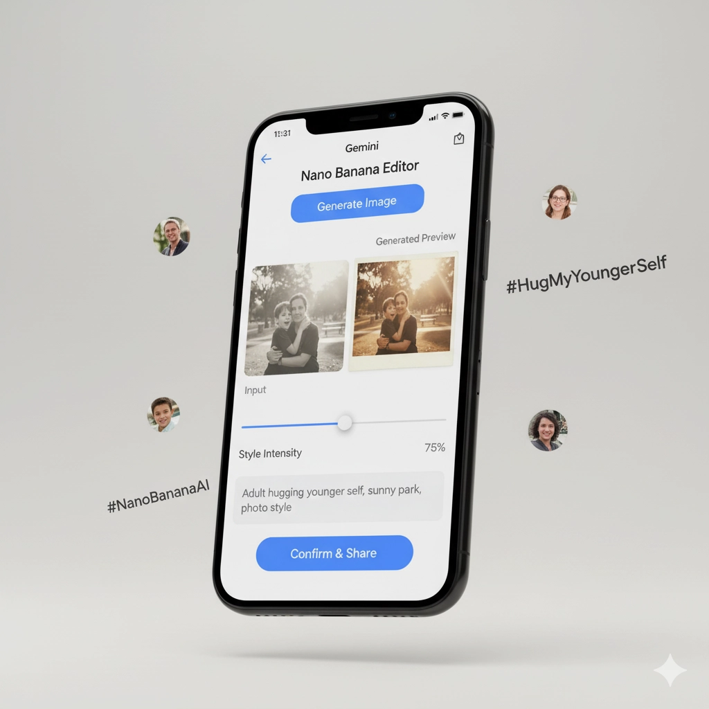 Google Gemini Nano Banana AI: Hug My Younger Self Viral Trend 2025 3 Smartphone displaying Google Gemini Nano Banana AI editing interface with Hug My Younger Self preview and social thumbnails