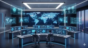 Futuristic AI control room representing global AI regulations