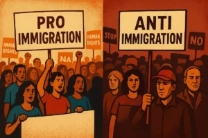 Pro- and anti-immigration groups demonstrating across the world