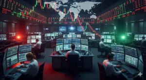 Global financial trading floor with stock tickers and charts showing market turbulence amid inflation data