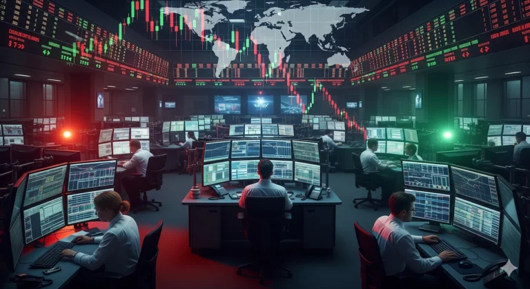 Global Markets Poised for Turbulence Amid Inflation Data 1 Global financial trading floor with stock tickers and charts showing market turbulence amid inflation data