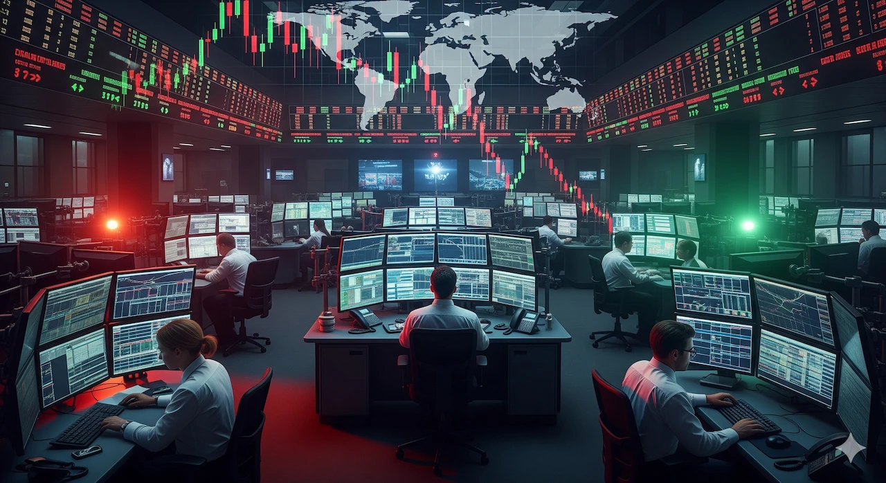 Global Markets Poised for Turbulence Amid Inflation Data 1 Global financial trading floor with stock tickers and charts showing market turbulence amid inflation data